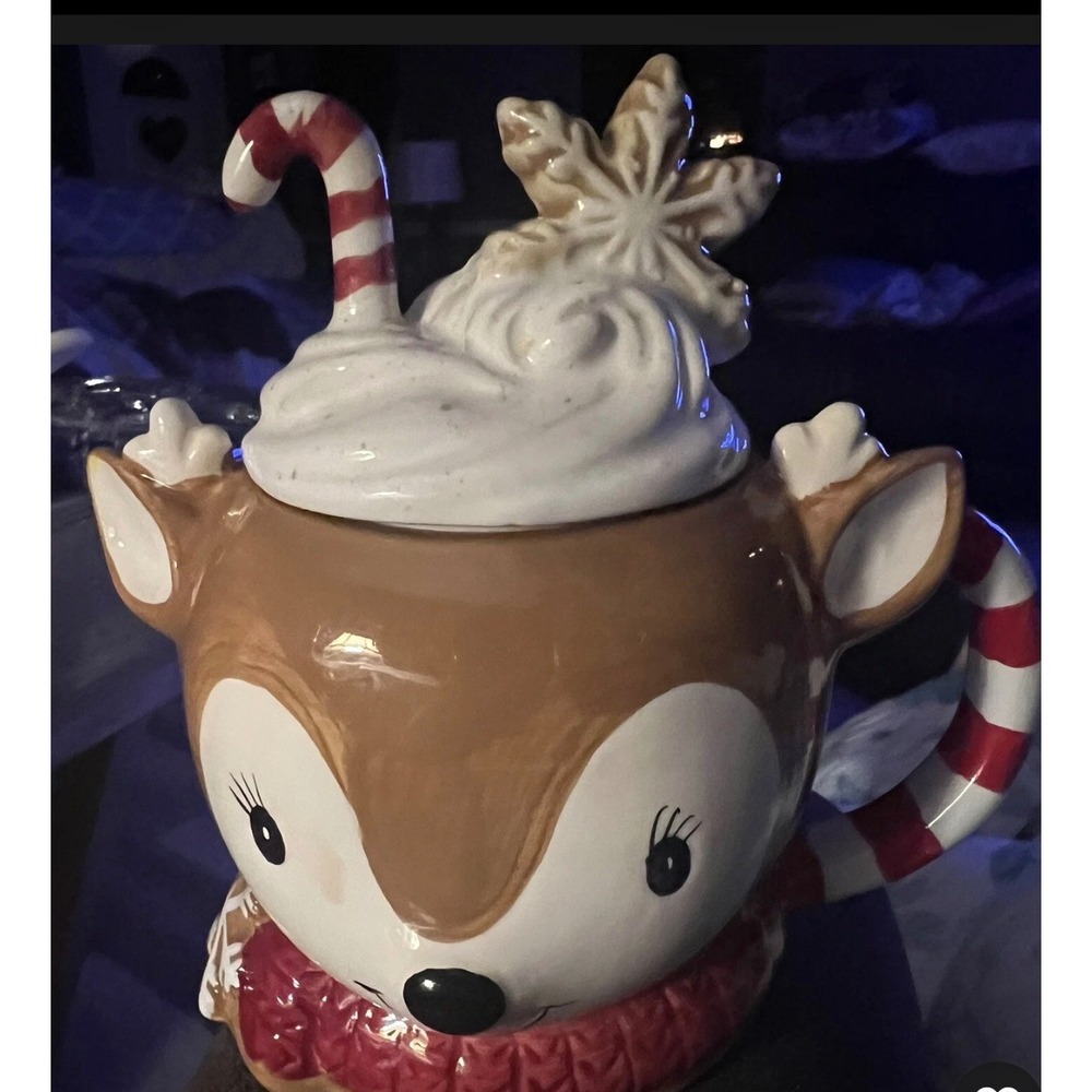 Holiday Reindeer Ceramic Mug with Whipped Cream Lid Candy Cane Handle Christmas